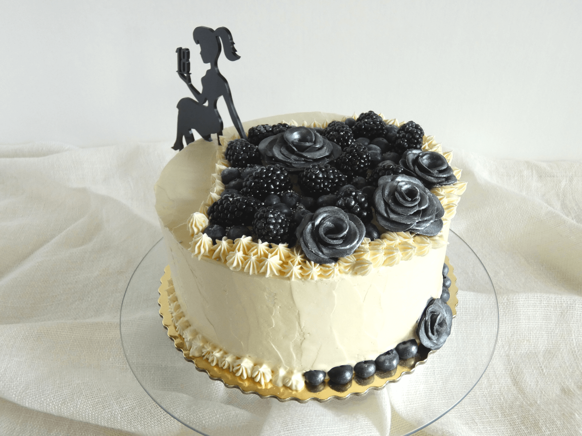 Tort 18 lat dama na torcie widok dekoracji z tyłu tortu